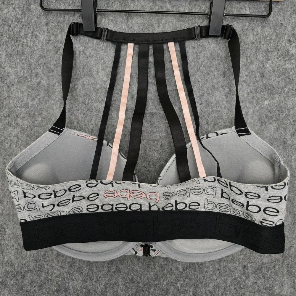 Bebe Bra Womens 38C Gray Logo Racerback Padded Underwire T-Shirt Front Closure